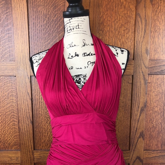 Halston Ruched Fitted Halter Dress - Medium - Red - Picture 1 of 8